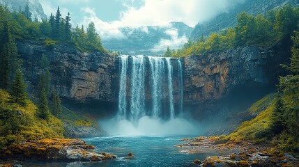 Fototapeta premium A dramatic view of a powerful waterfall cascading over a cliff face into a rocky gorge below