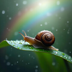 Snail on Leaf with Raindrops and Rainbow Generative AI