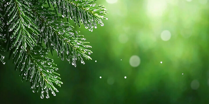 Evergreen needles glistens with tiny water droplets against a bright green bokeh background.