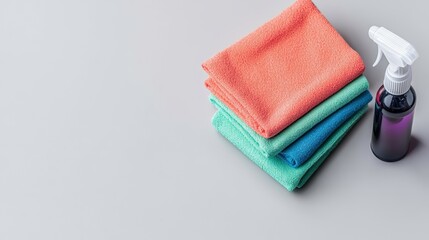 A set of microfiber cleaning cloths neatly folded in a stack, placed beside a spray bottle on a light gray background.