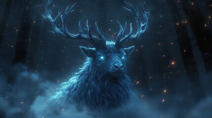 A fantastical creature with glowing eyes and intricate antlers moving through a misty, enchanted forest at twilight