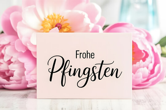 Pink peony flowers with a card greeting "frohe pfingsten" ideal for pentecost greetings and celebrations