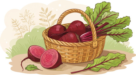 Beetroot in wicker basket in natural background vector design, Beetroot Illustration vector design