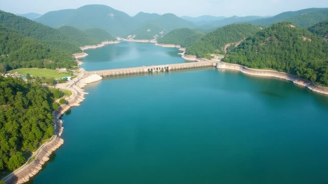 Drone view of smooth water and a dam surrounded