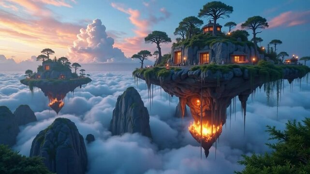 Fantasy Floating Island in Cloud Sky with Treehouses