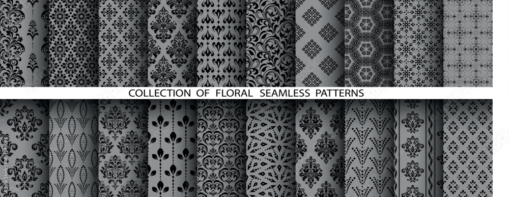 Poster geometric floral set of seamless patterns. gray and black vector backgrounds. damask graphic ornamen