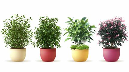 Fototapeta premium Four potted indoor plants, white background, home decor