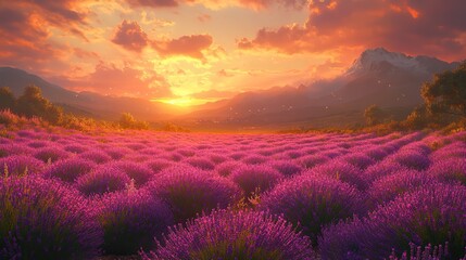 Obraz premium A field of lavender in bloom under a golden evening light