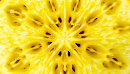 Close up of yellow fruit with seed patterns vibrant and fresh appearance detailed texture juicy interior natural food healthy snack tropical fruit bright color organic produce seed cavity fresh