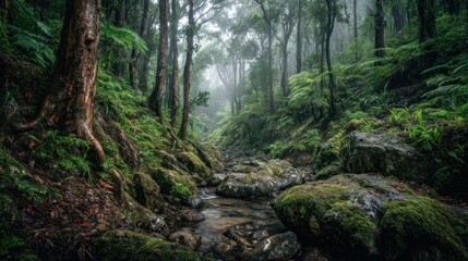 Lush, misty rainforest creek