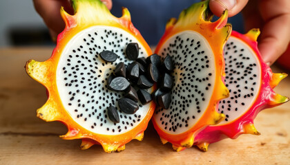 Colorful dragon fruit with black seeds and seeds inside, sliced open wooden surface, vibrant and fresh, showcasing unique spiky exterior and white flesh with tiny black seeds, appealing and exotic