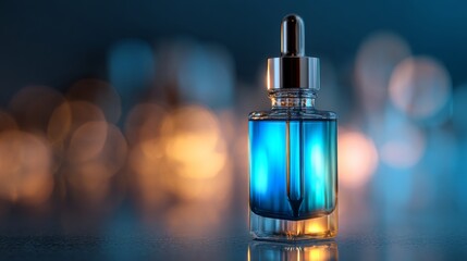 Luxury Blue Serum Dropper Bottle with Bokeh Background