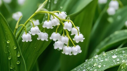 Delicate White Lily of the Valley Blossoms Amidst Lush Green Leaves with Water Drops