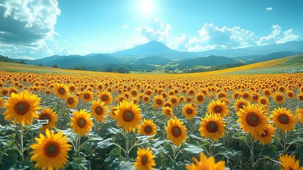 Obraz premium A field of sunflowers in full bloom turns their bright yellow faces towards the sun, a symbol of joy and optimism