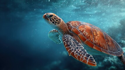Sea turtle swimming in deep ocean