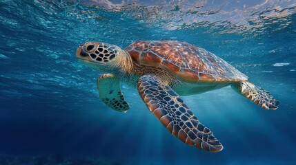 Fototapeta premium Majestic sea turtle glides through vibrant ocean depths