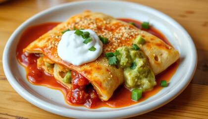 Plate of Mexican style enchiladas topped with sour cream cheese and chopped green onions served with guacamole and red sauce wooden table colorful and appetizing traditional dish comfort food
