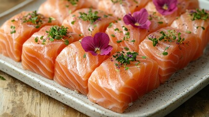 Fresh salmon cubes, garnished with edible flowers and herbs