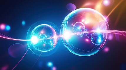 Quantum entangled particles glowing as orbs connected by a luminous line, symbolizing instant interaction across distance, futuristic physics visualization.

