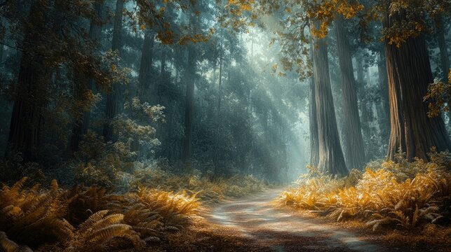 A serene forest pathway winds through towering redwood trees, illuminated by soft sunlight filtering through the leaves.