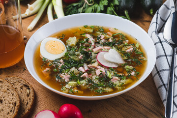 Kvass okroshka with radishes and herbs