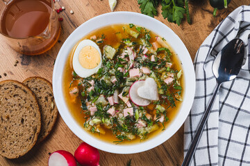 Kvass okroshka with radishes and herbs