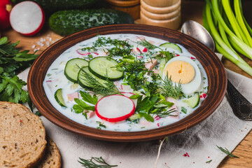 Okroshka on kefir with radishes and herbs
