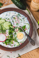 Okroshka on kefir with radishes and herbs