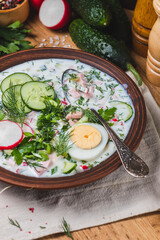 Okroshka on kefir with radishes and herbs