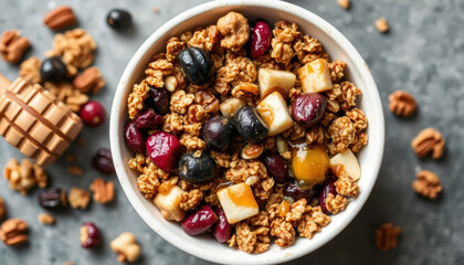 Creamy yogurt topped with fresh berries, granola, and honey, creating colorful and nutritious breakfast bowl that looks delicious and inviting