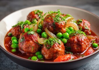 Fototapeta premium Fresh meatballs in tomato sauce with peas and herbs.