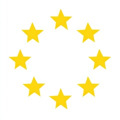 Circular arrangement of nine gold stars.  A symmetrical pattern of bright yellow stars forming a ring on a white background