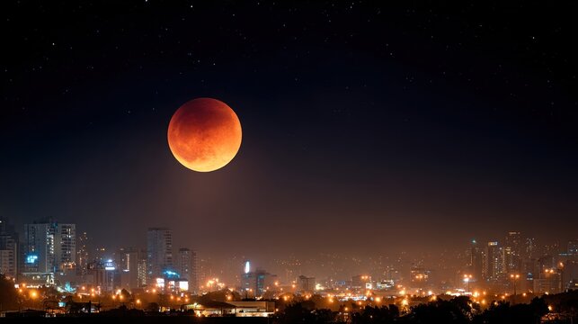 Red moon over city skyline at night