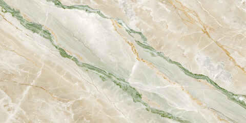 Naklejka premium Lush green streaks split through creamy white marble, accented by subtle beige textures, evoking imagery of jungle rivers etched into ancient mountainous terrain