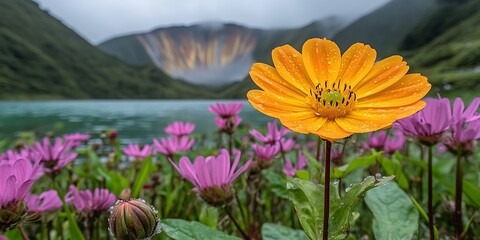Vibrant flower meadow by a lake