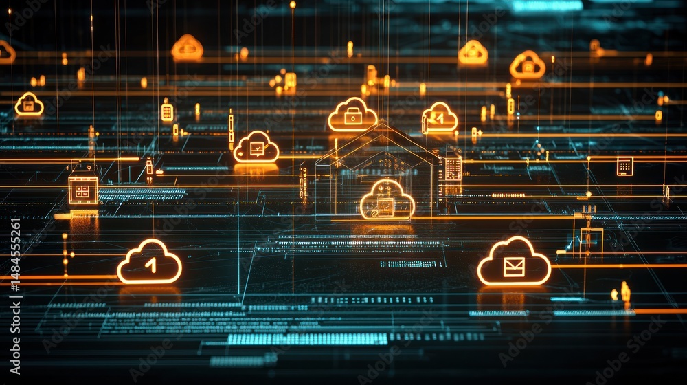 Poster complex network of interconnected digital icons.