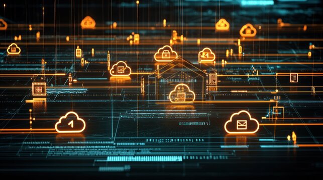 Complex network of interconnected digital icons.