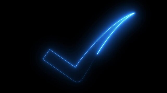 Glowing neon check mark icon animation on black background.
