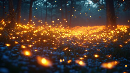 A hidden meadow filled with luminous fireflies dancing in the twilight, creating a magical and enchanting spectacle