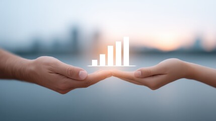 mutual business support visualized by two hands lifting a shared bar graph