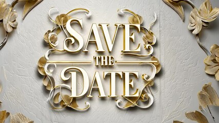 Elegant save the date card video background with floral accents and gold lettering.