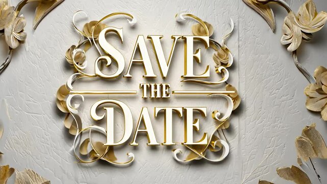 Elegant save the date card video background with floral accents and gold lettering.
