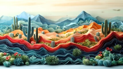 Desert landscape painting with cacti and mountains