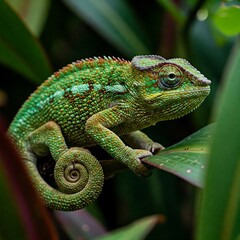 Obraz premium Green Chameleon on Leaf, Close Up Chameleon, Wildlife Reptile Nature, Chameleon with Curled Tail, Animal on Foliage, Detailed Chameleon Photo, Vibrant Green Lizard, Nature Photo Chameleon