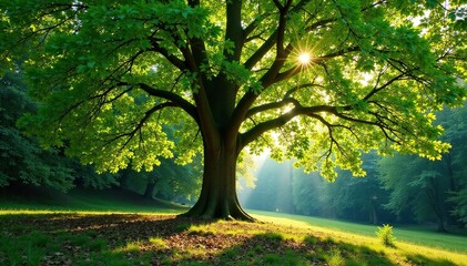 Fototapeta premium Majestic beech tree in serene forest setting, sunlight dappling leaves , ecology, spring, tall