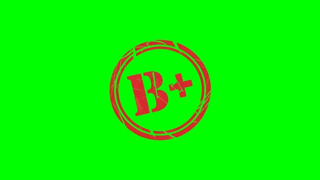 Animated "B+" rubber stamp seal with bold red text on a green screen chroma key background for showcasing above-average grades, strong performance in exam results
