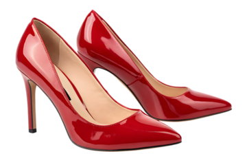 Shiny Pair of Red Patent Leather High Heels with Pointed Toe on Transparent Background, AI Generated
