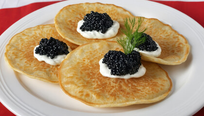 Delicious savory pancakes topped with creamy sour cream and black caviar, garnished with fresh dill, served on white plate for elegant appetizer or snack