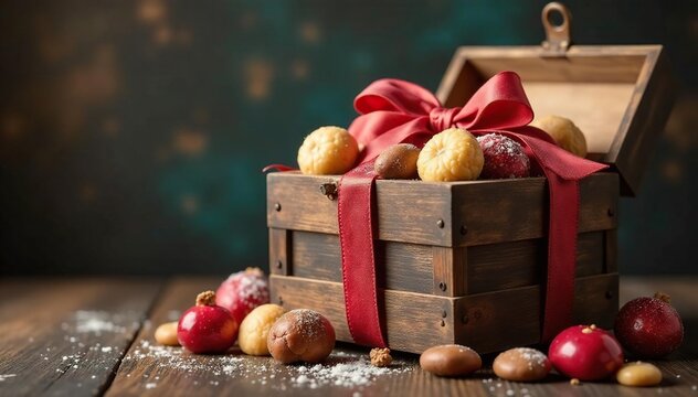 Rustic wooden gift box overflowing with goodies, natural, overflow