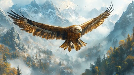 A majestic griffin soaring through a mountain pass, its sharp eyes scanning the landscape below with regal intensity